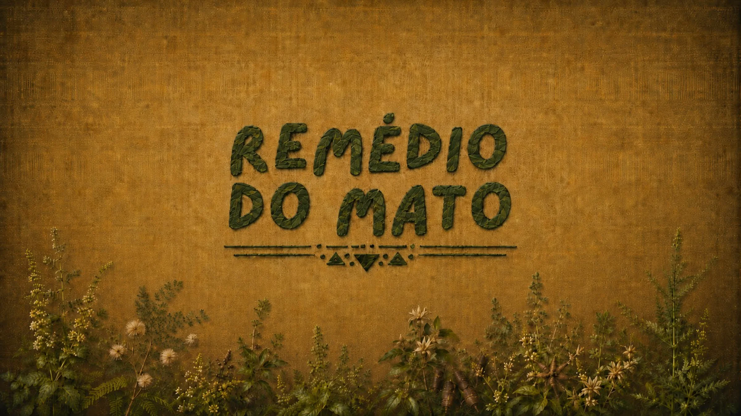 Remédio do Mato — direção de arte oficial, com letras formadas por folhas sobre fundo ocre e vegetação.